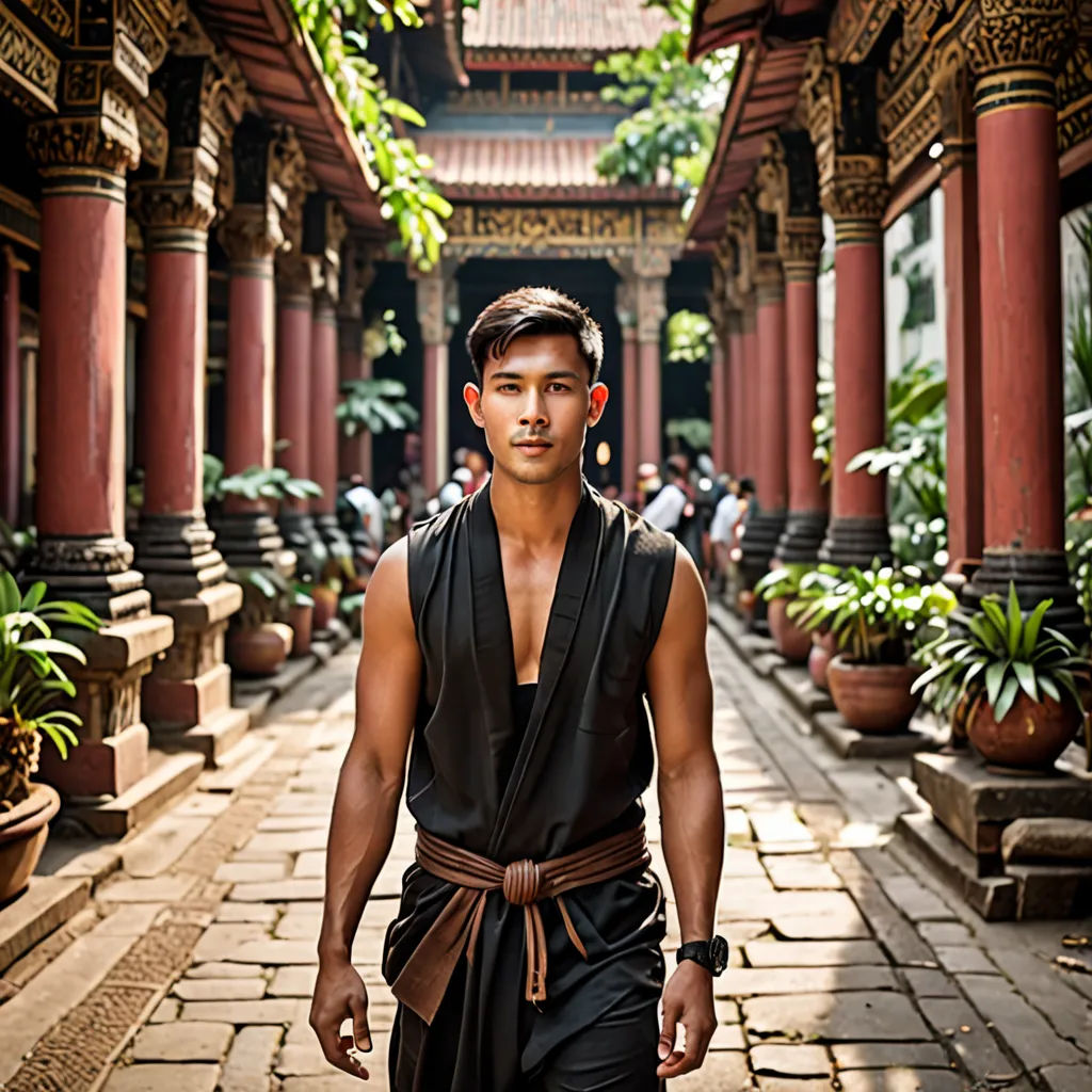 a man in a black outfit walking down a brick walkway with a planter in the background and a building with red pillars, sumatraism, a character portrait, Fang Congyi, phuoc quan
