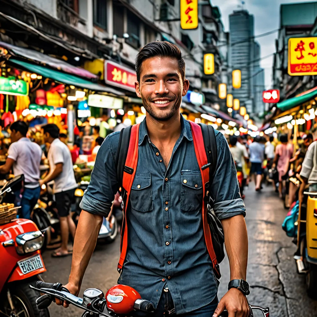 a man with a backpack on a motorcycle in a crowded street market area with people walking around and a motorcycle parked on the side of the street, cloisonnism, a stock photo, Adrian Zingg, phuoc quan