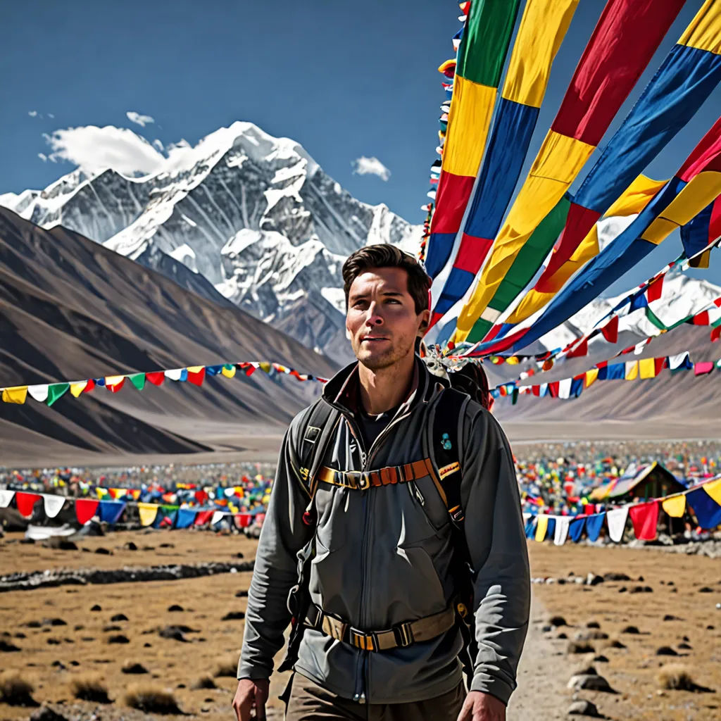 a man standing in front of a mountain with a large colorful kite in the air above him and a mountain range in the background, samikshavad, a character portrait, derek zabrocki, promotional image