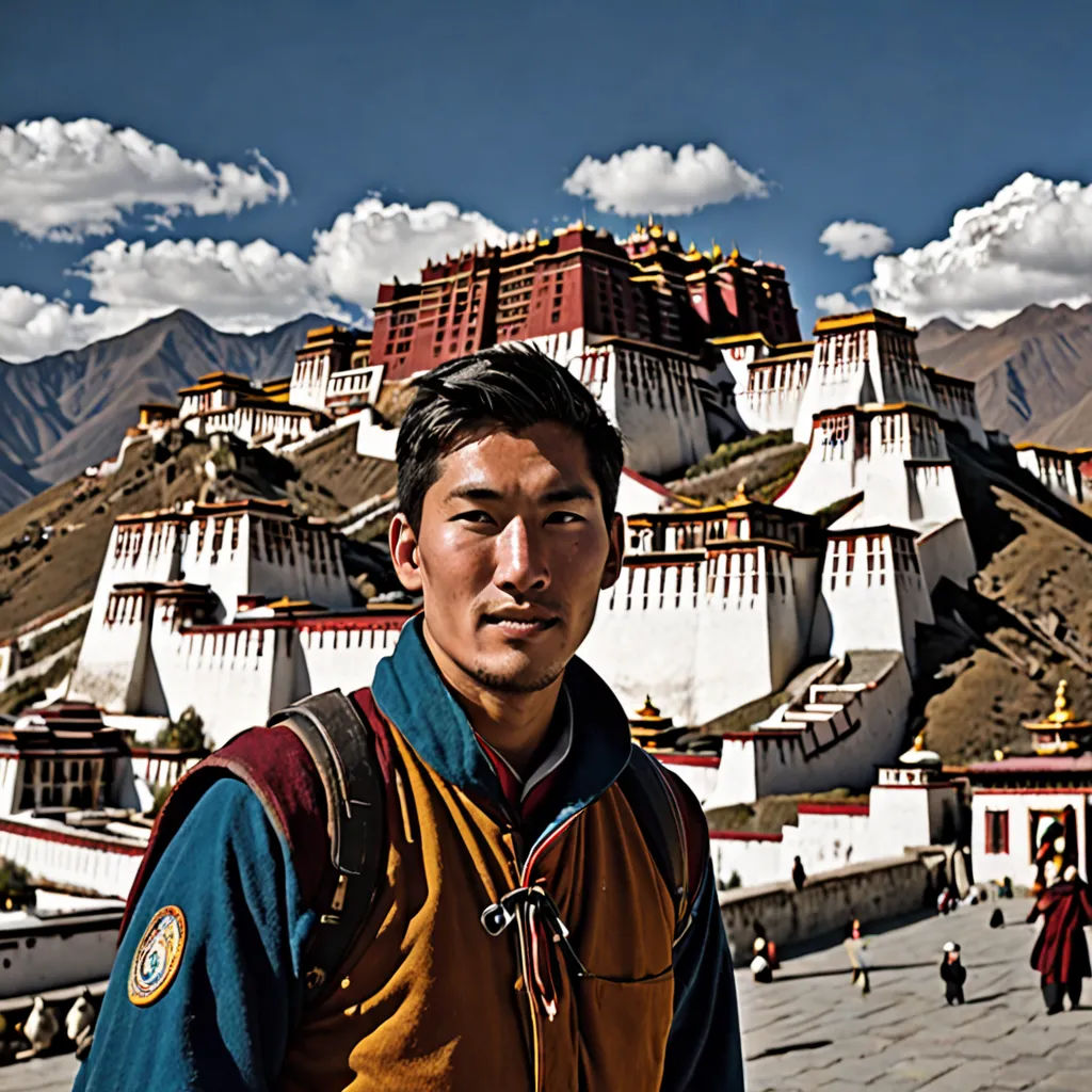 a man standing in front of a large building with mountains in the background and clouds in the sky above, cloisonnism, a character portrait, Adrian Zingg, promotional image