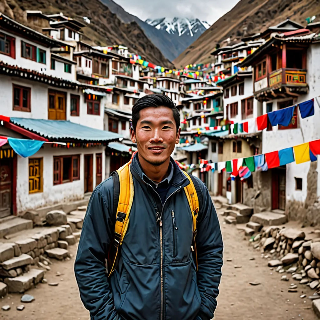 a man standing in front of a village with mountains in the background and a mountain range in the distance, cloisonnism, a character portrait, Fei Danxu, portrait photography