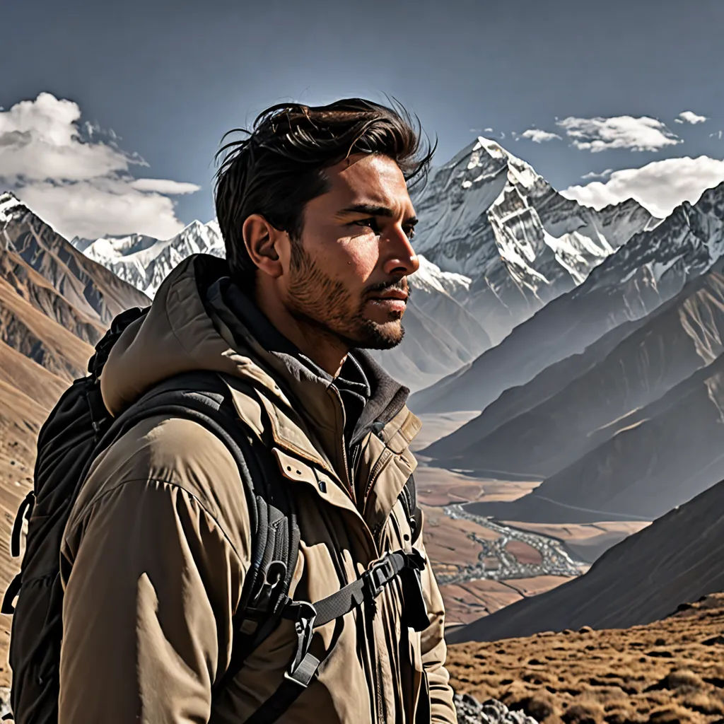 a man with a backpack on a mountain side with a view of a valley and mountains in the background, samikshavad, a character portrait, Amir Zand, promotional image