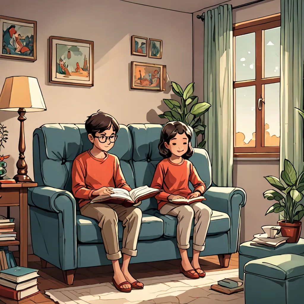 a man and a woman sitting on a couch reading a book together in a living room with a blue couch, private press, a storybook illustration, Atey Ghailan, rossdraws global illumination