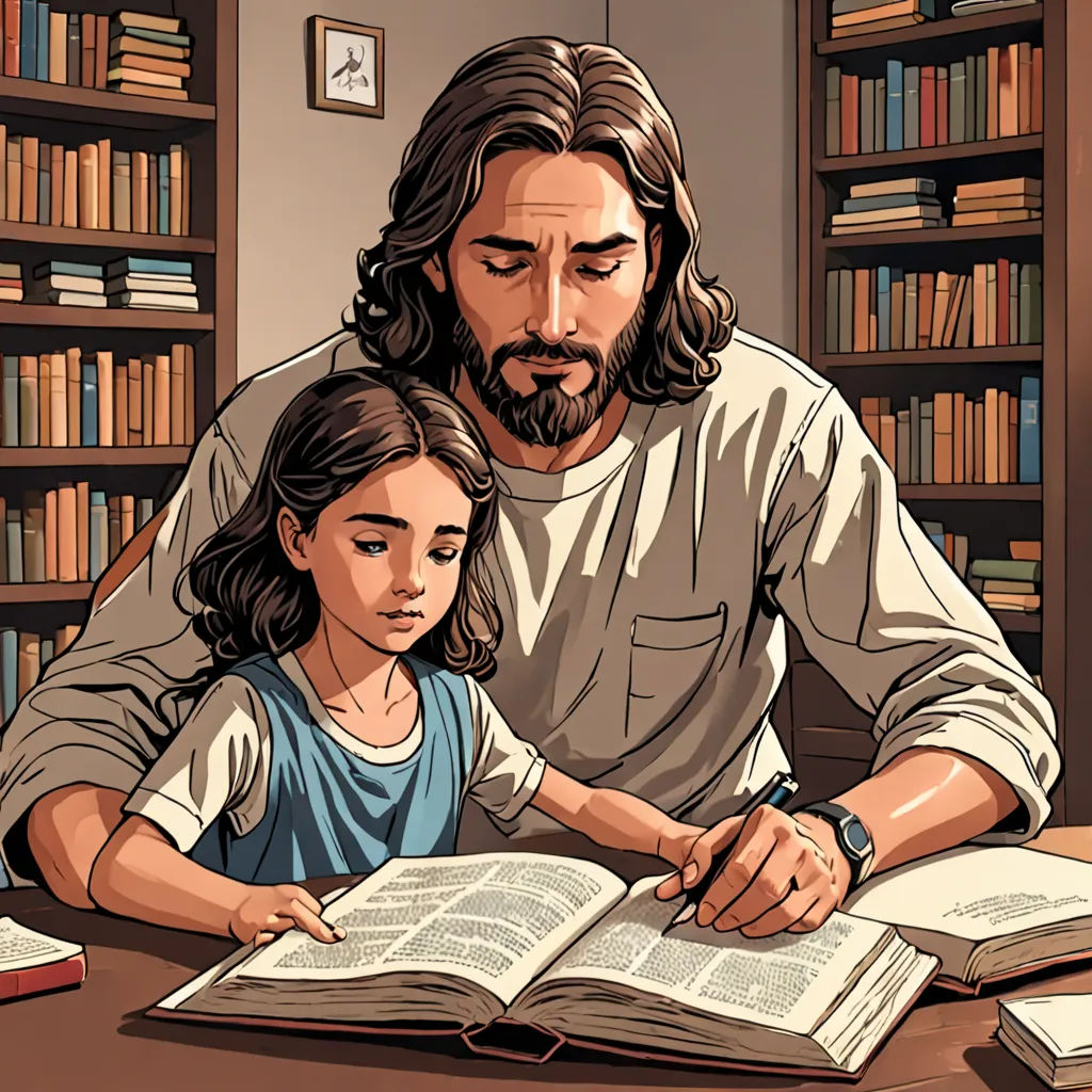 a man and a little girl are sitting at a table with books and a pen in front of them, purism, a storybook illustration, Brothers Hildebrandt, graphic novel