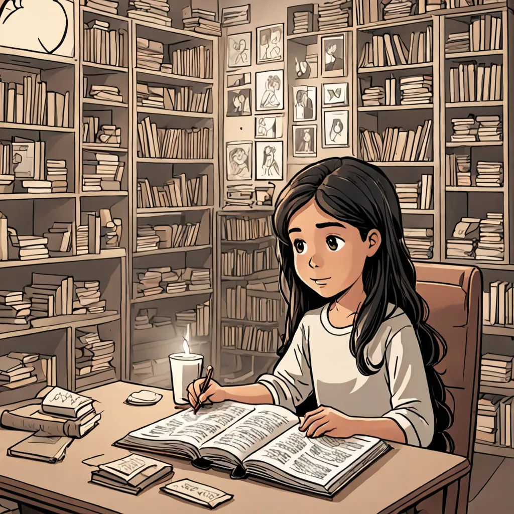 a girl sitting at a desk with a book and a candle in front of her, in a library, fantasy art, a storybook illustration, Farel Dalrymple, storybook illustration