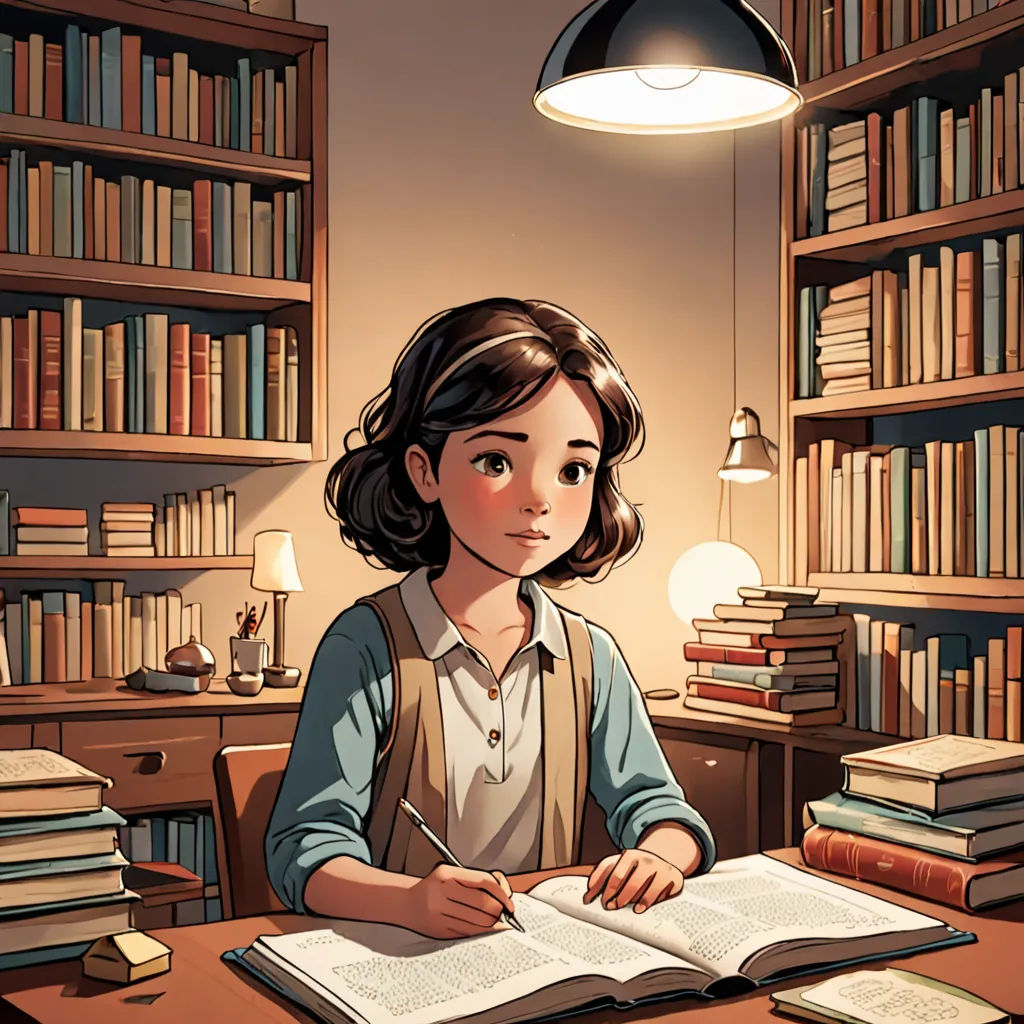a girl sitting at a desk with a book and a pen in her hand and a book in front of her, academic art, a storybook illustration, Diego Gisbert Llorens, storybook illustration