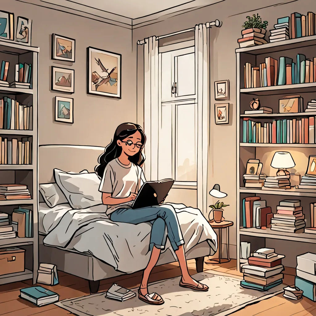 a woman sitting on a bed with a laptop computer in her hand and books on the shelves behind her, academic art, a comic book panel, Atey Ghailan, art station