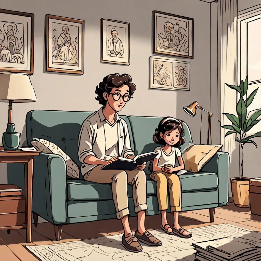 a man and a little girl sitting on a couch in a living room with a book in their hands, private press, a comic book panel, Asaf Hanuka, graphic novel