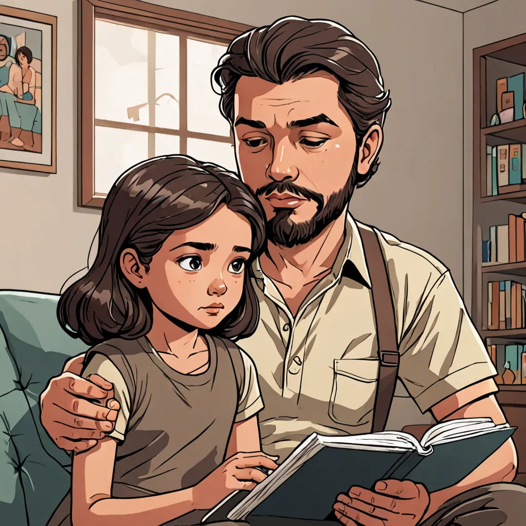 a man and a little girl are reading a book together in a living room with a bookcase full of books, serial art, a comic book panel, Diego Gisbert Llorens, graphic novel