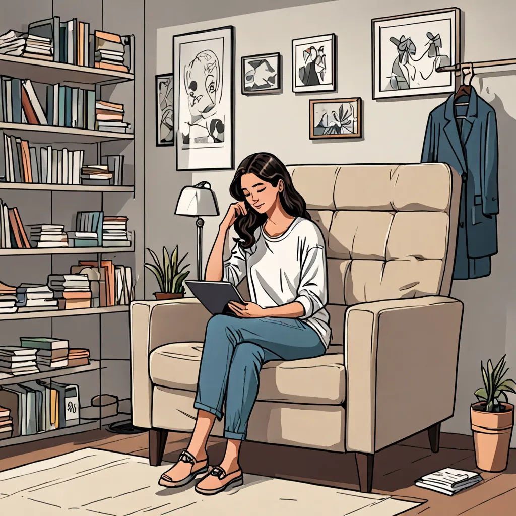 a woman sitting on a couch in a living room with a book shelf and a lamp on the wall, private press, a storybook illustration, Asaf Hanuka, storybook illustration