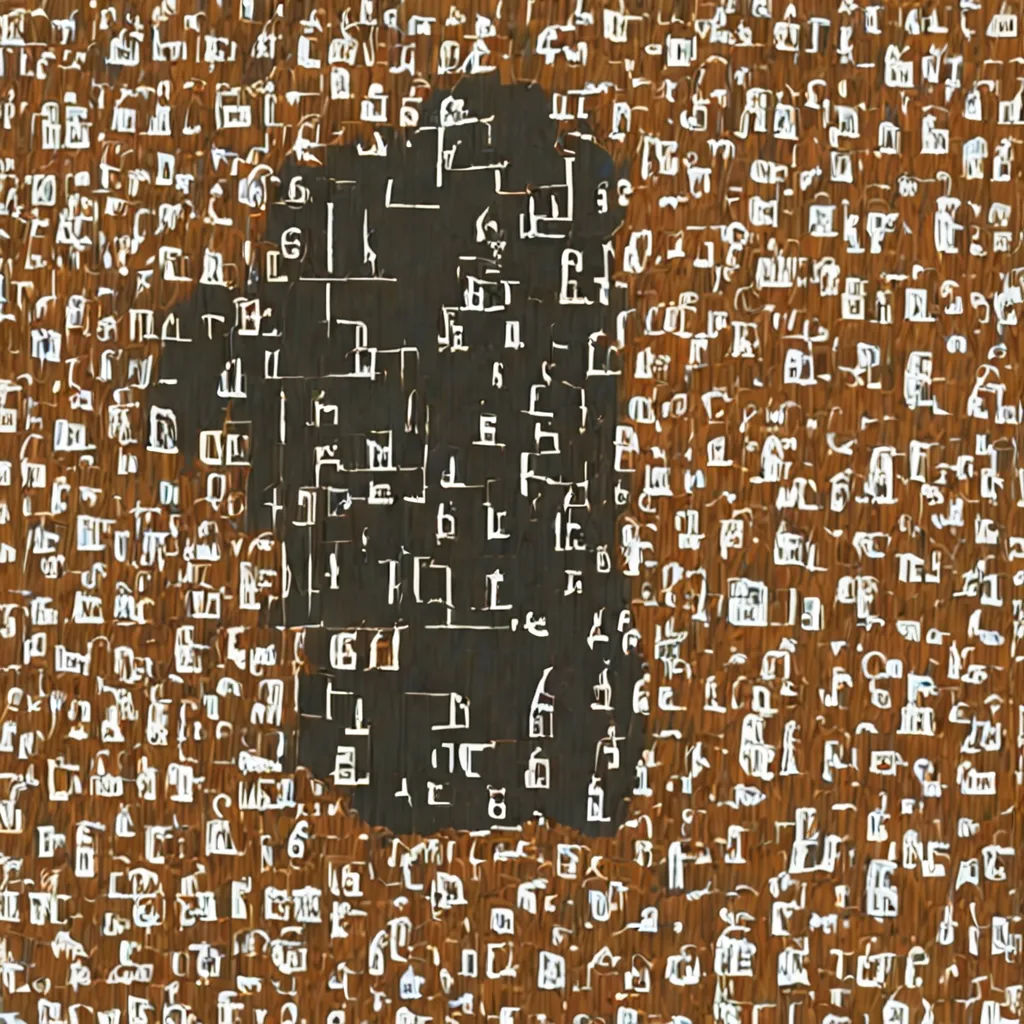 a painting with a lot of letters on it in a room with a brown wall and a black door, figurativism, a minimalist painting, Alberto Burri, dystopia
