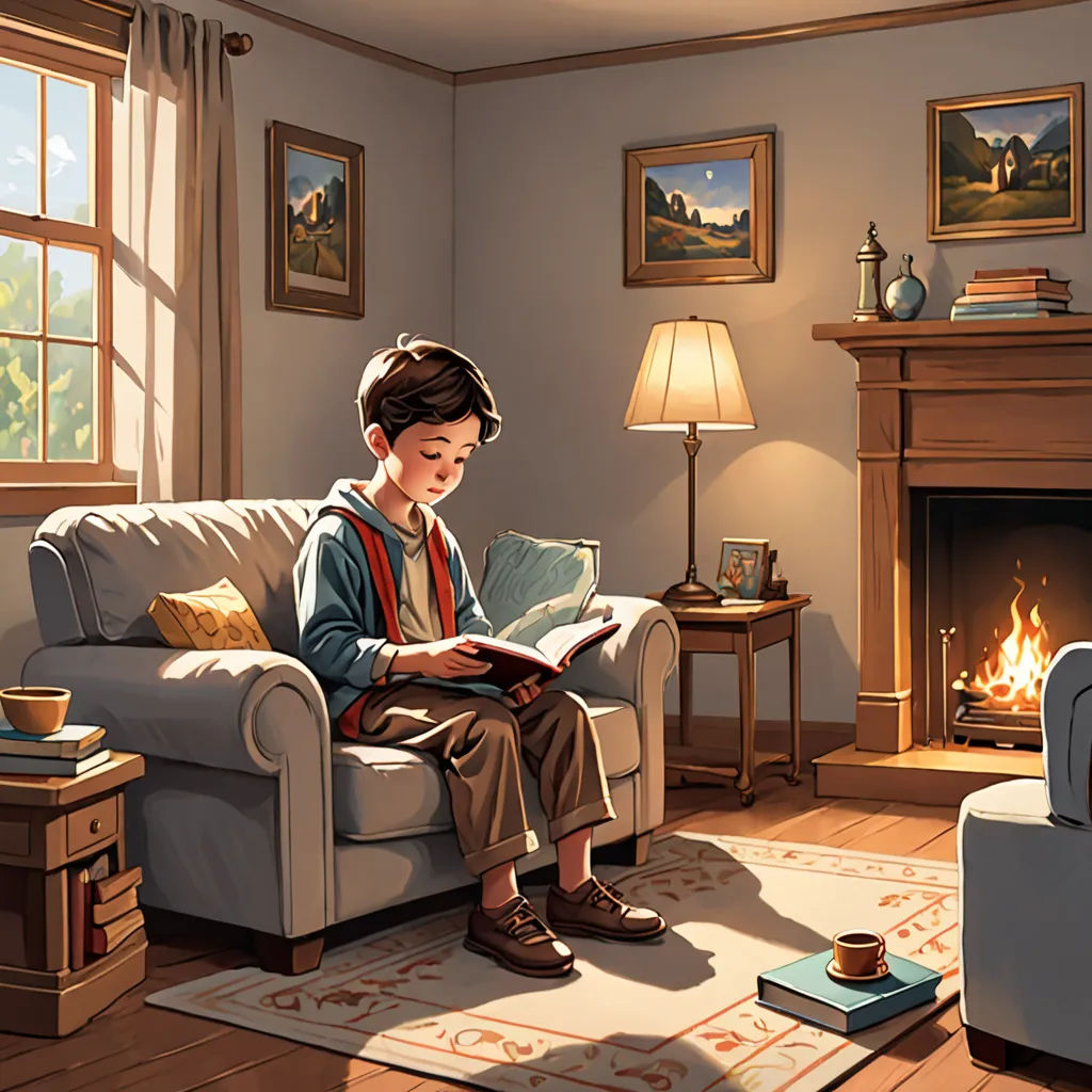 a boy sitting on a couch reading a book in a living room with a fireplace and a lamp on, american scene painting, a storybook illustration, Diego Gisbert Llorens, storybook illustration