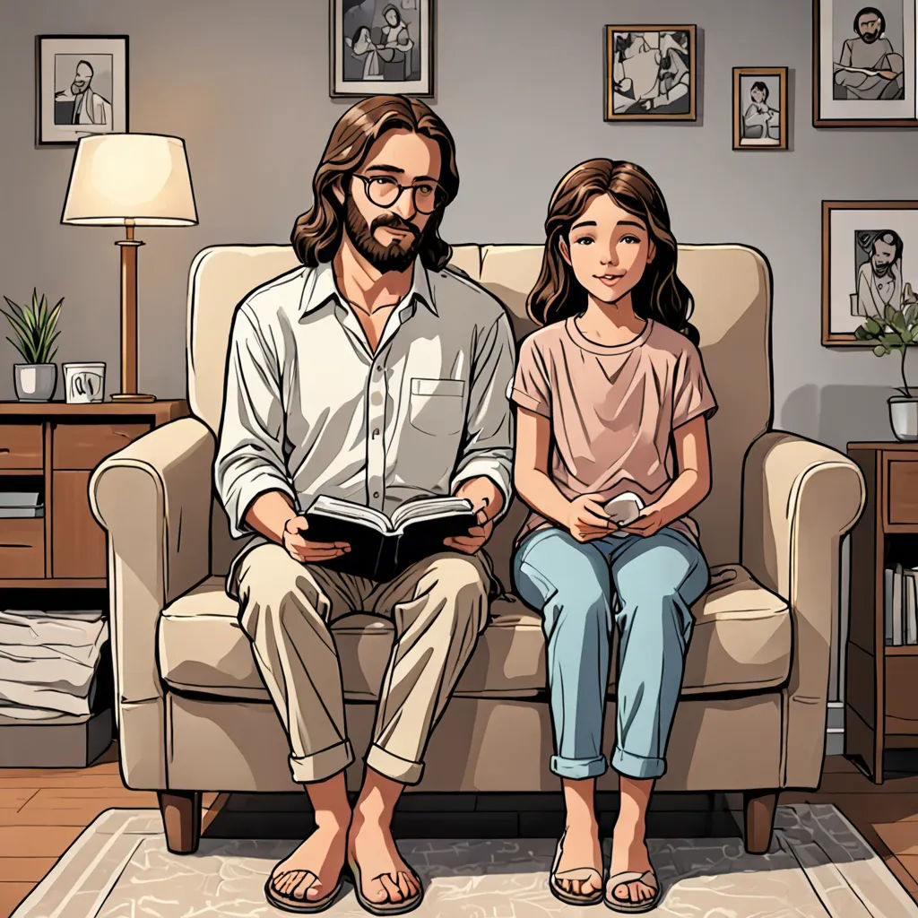 a man and a little girl sitting on a couch in a living room with a book in their hands, private press, a comic book panel, Edward Otho Cresap Ord, II, graphic novel