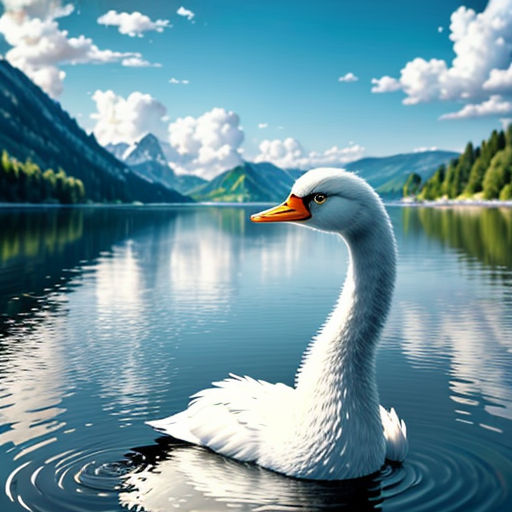 a white duck floating on top of a lake next to a forest covered hillside and a mountain range in the background
