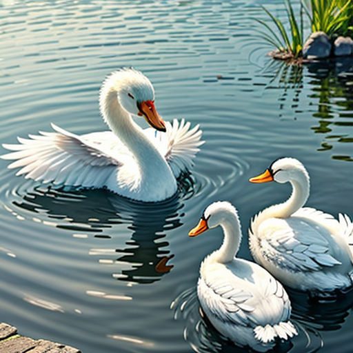 two white ducks swimming in a pond with grass and rocks in the background, with a dock in the foreground