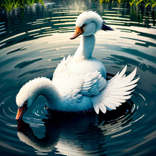 a duck floating on top of a lake next to a lush green forest covered hillside with tall grass and a lake