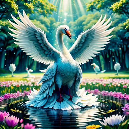 a white swan with its wings spread out on a pond of water surrounded by flowers and trees, with a bright light shining in the background