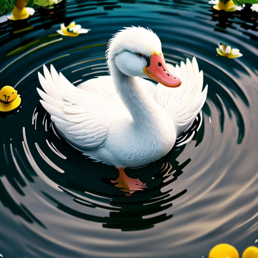 a white duck floating on top of a lake next to ducks in the water and floating on the water