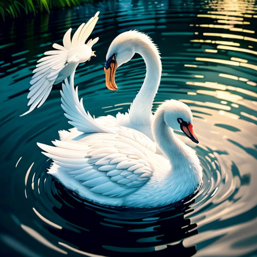 two white swans swimming in a pond with grass in the background and a bird flying above them in the water
