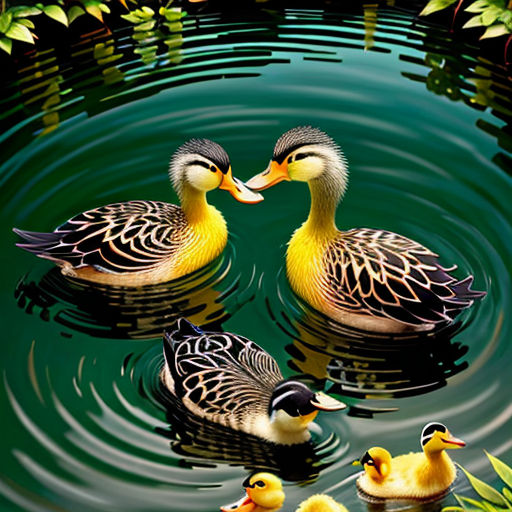 a group of ducks floating on top of a lake next to a forest filled with green leaves and flowers
