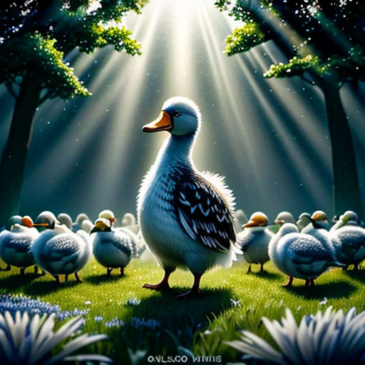 a painting of a duck surrounded by ducks in a field of grass and trees with the sun shining through the trees