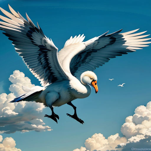 a white bird with black wings flying through the sky with clouds in the background and a bird flying above it
