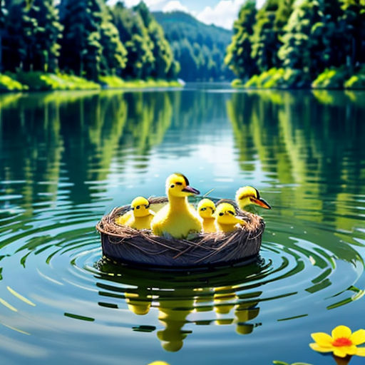 a group of ducks sitting in a nest on a lake with water lilies around it and a mountain in the background