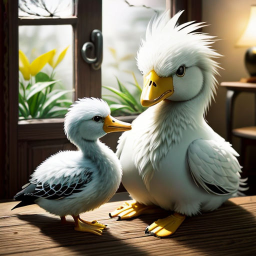a couple of birds sitting on top of a wooden table next to a window with a plant in the background