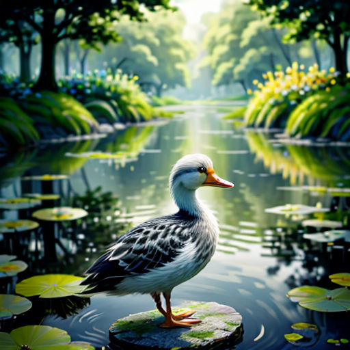 a duck standing on a rock in a pond with lily pads and trees in the background, with a sunlit pond behind it