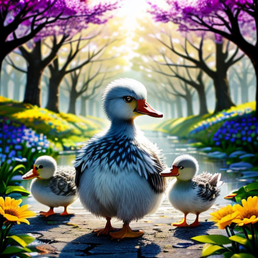 a painting of a duck family with three ducks in a park with flowers and trees in the background, with a sunbeam