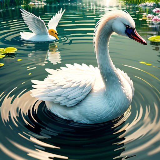 a swan is swimming in a pond with lily pads and a duckling is in the water and the duckling is in the water