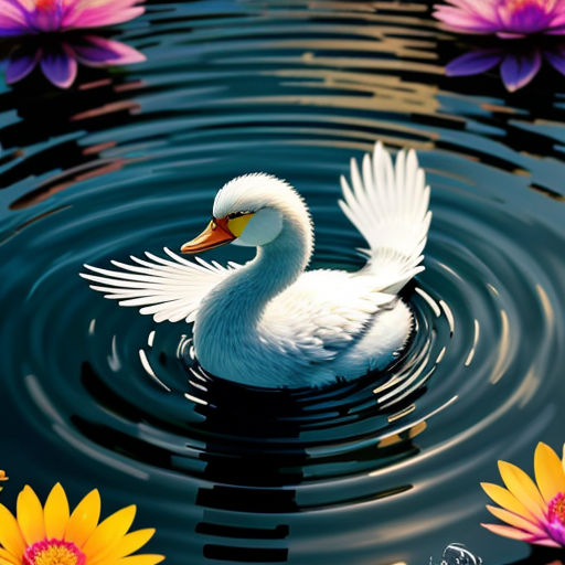 a white duck floating on top of a lake next to flowers and water lilies on a pond of water
