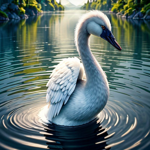 a swan is swimming in a lake with trees in the background and a sunset in the sky above it