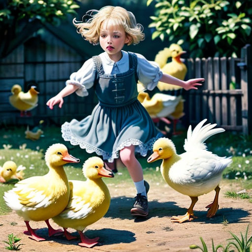 a little girl is running with ducks in a yard with a fence and trees in the background and a fenced in area behind her