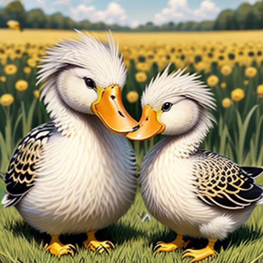 two ducks standing next to each other on a field of flowers and grass with a sky background and clouds