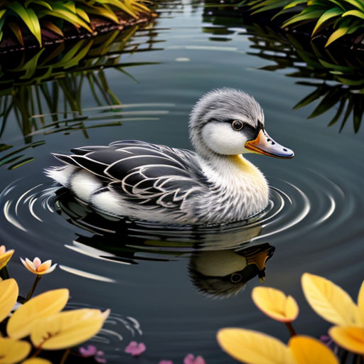 a duck floating on top of a lake surrounded by flowers and plants in the water with a reflection of its head