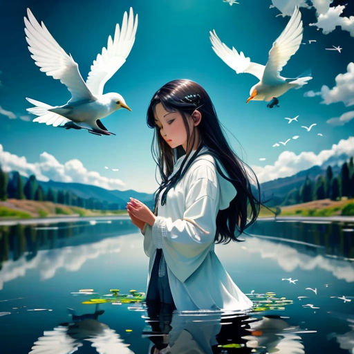 a woman standing in water with two birds flying over her head and a lake in the background with lily pads