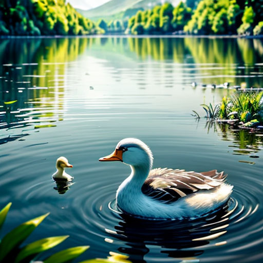 a duck and a duckling are swimming in a lake with mountains in the background and grass in the foreground