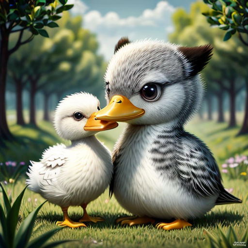 a couple of ducks sitting on top of a lush green field next to trees and flowers on a sunny day