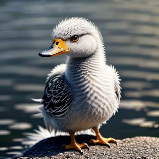 a duck standing on a rock in the water with its head turned to the side and its beak extended