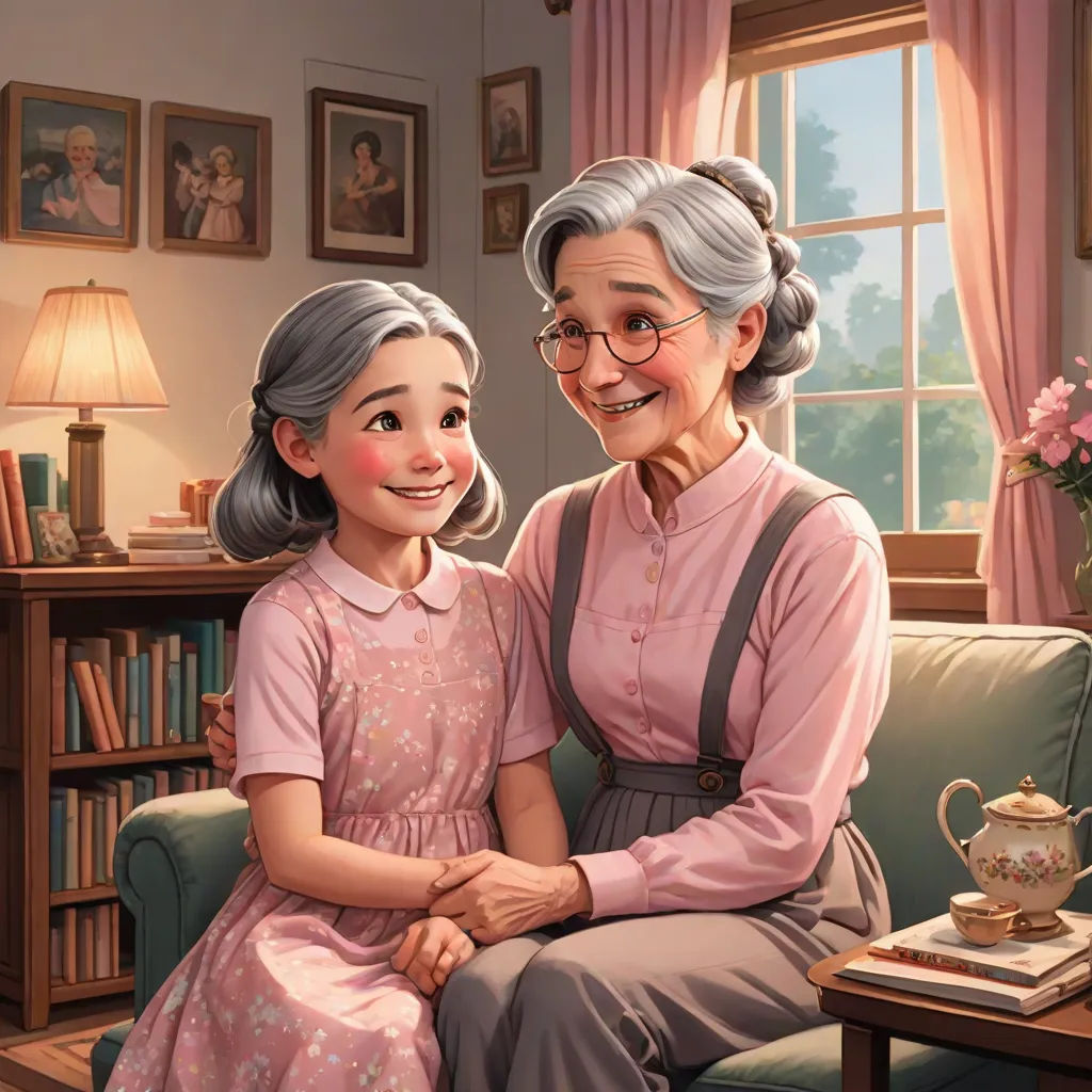 a painting of an older woman and a young girl sitting on a couch together in a living room with a bookcase, a storybook illustration, Byeon Sang-byeok, american scene painting, storybook illustration