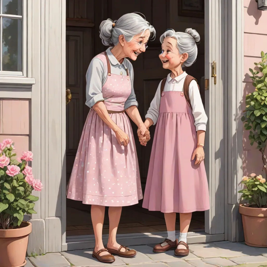 a painting of two women holding hands in front of a door with potted plants and potted flowers, a storybook illustration, Brothers Hildebrandt, american scene painting, storybook illustration