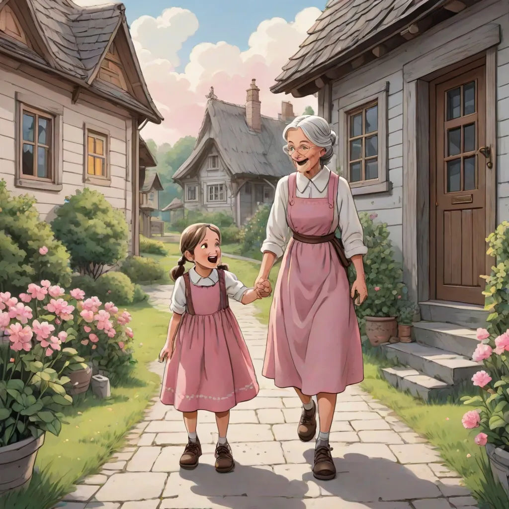 a painting of a woman and a little girl walking down a path in front of a house with flowers, a storybook illustration, Evgeny Lushpin, american scene painting, storybook illustration