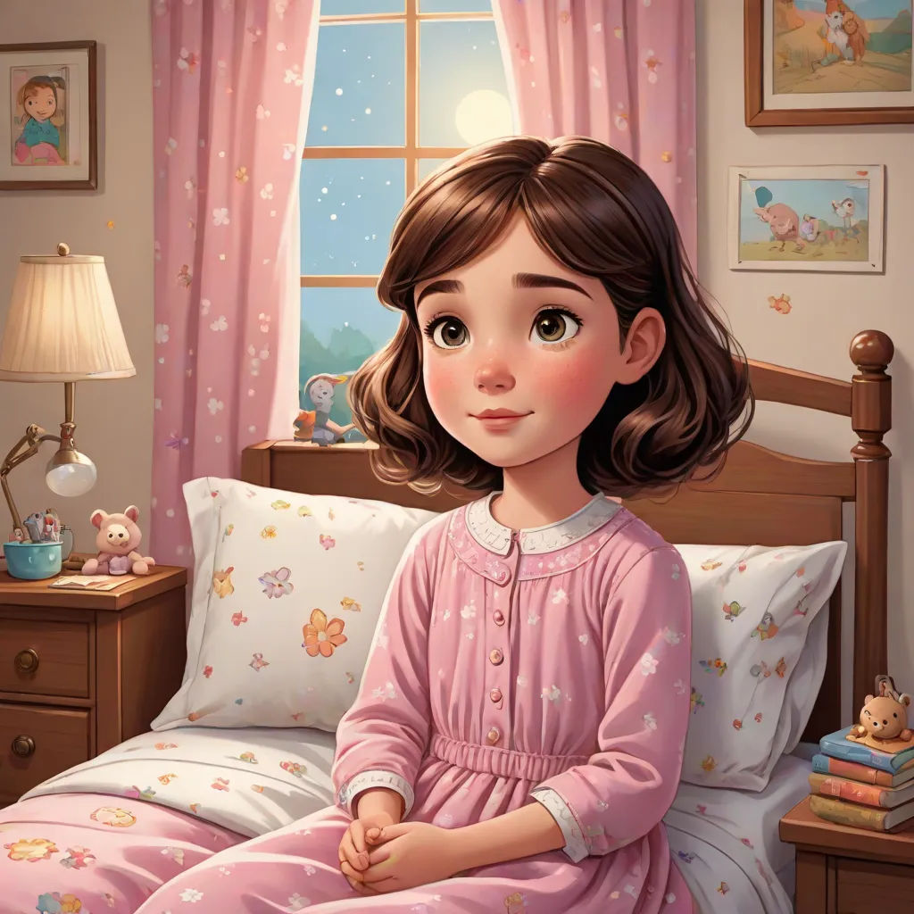 a painting of a girl in a pink pajamas sitting on a bed with a teddy bear on the pillow, a storybook illustration, Clarice Beckett, american scene painting, storybook illustration