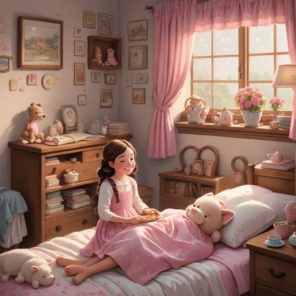 a girl in a pink dress sitting on a bed with a teddy bear and a teddy bear toy in her hand, a storybook illustration, Bob Byerley, american scene painting, storybook illustration