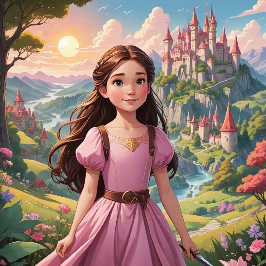 a young girl in a pink dress standing in front of a castle with a sword in her hand and a pink dress on, a storybook illustration, Clarice Beckett, fantasy art, kinkade