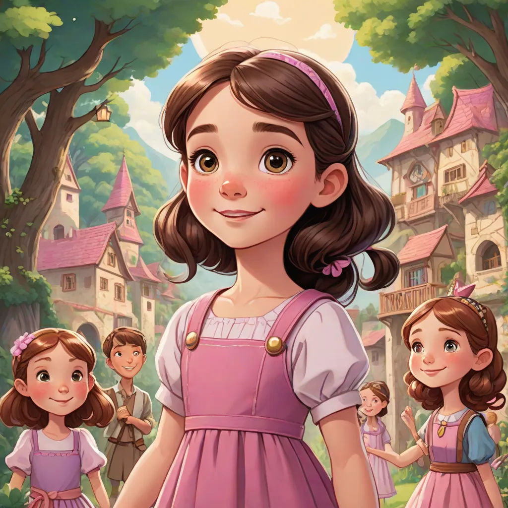 a cartoon girl in a pink dress standing in front of a group of children in a park with a castle in the background, a storybook illustration, Alice Prin, fantasy art, storybook illustration