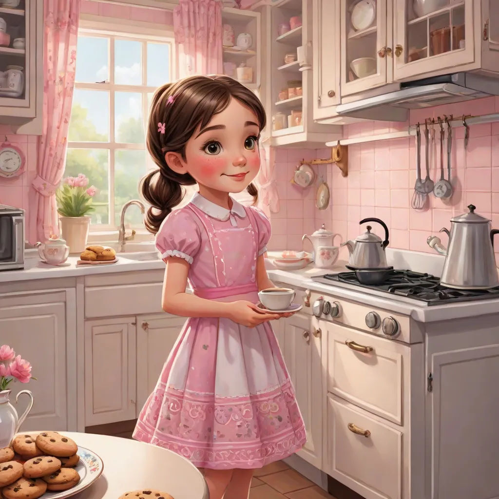 a girl in a pink dress holding a bowl of cookies in a kitchen with pink walls and pink curtains, a storybook illustration, Clarice Beckett, american scene painting, cgstudio