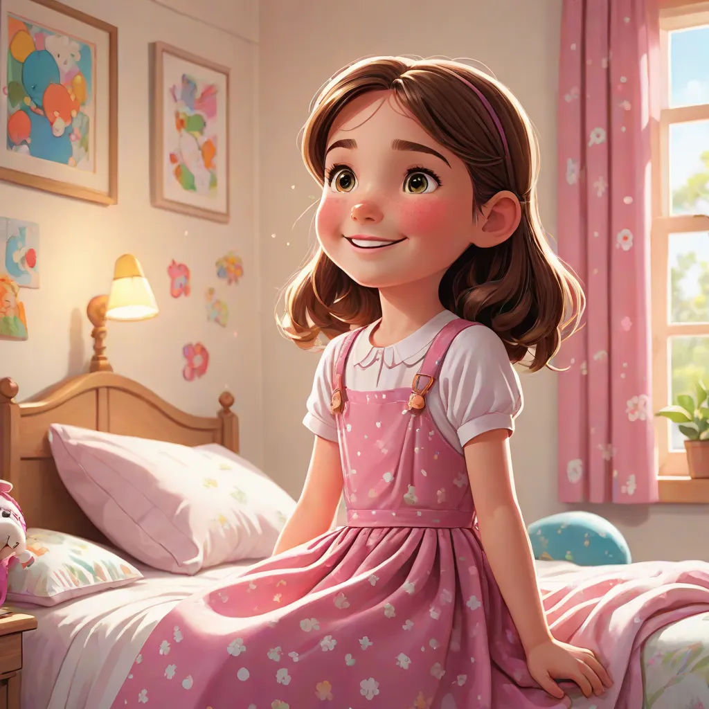 a girl in a pink dress sitting on a bed in a bedroom with a teddy bear and a window, a storybook illustration, disney, photorealism, cgstudio