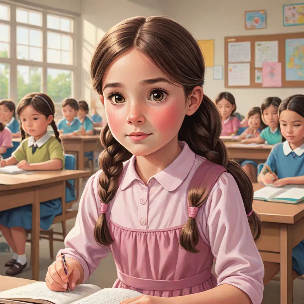 a painting of a girl sitting at a desk in a classroom with other children in the background and a book open, a storybook illustration, Bob Byerley, paris school, cgstudio